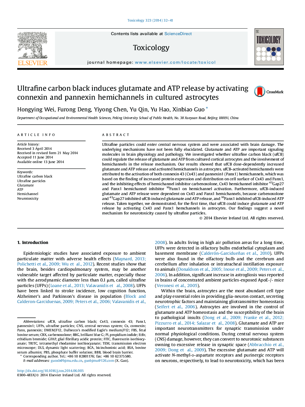 Ultrafine carbon black induces glutamate and ATP release by activating connexin and pannexin hemichannels in cultured astrocytes