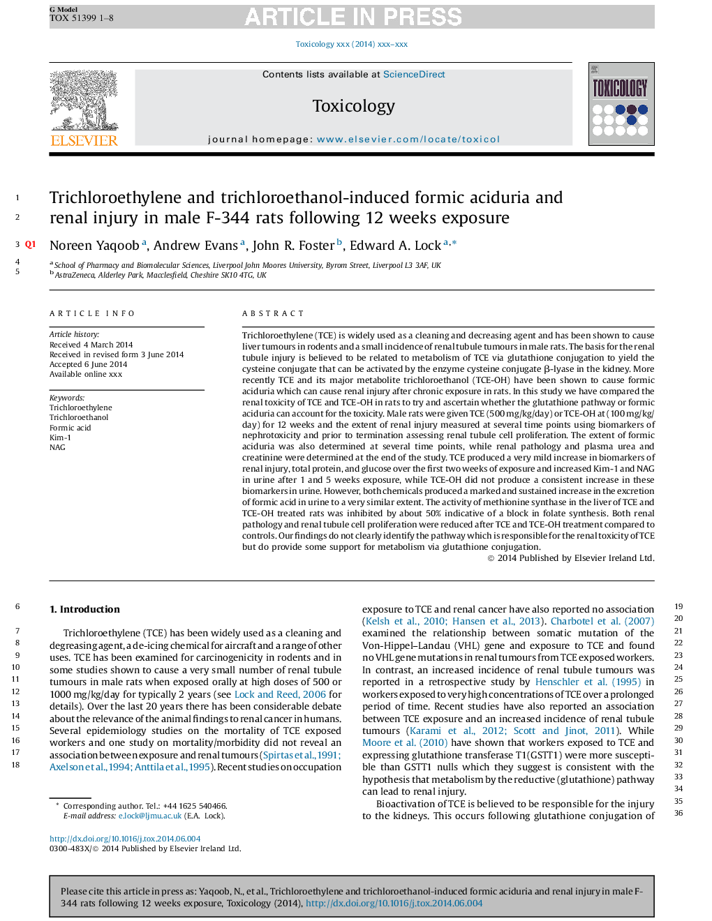 Trichloroethylene and trichloroethanol-induced formic aciduria and renal injury in male F-344 rats following 12 weeks exposure