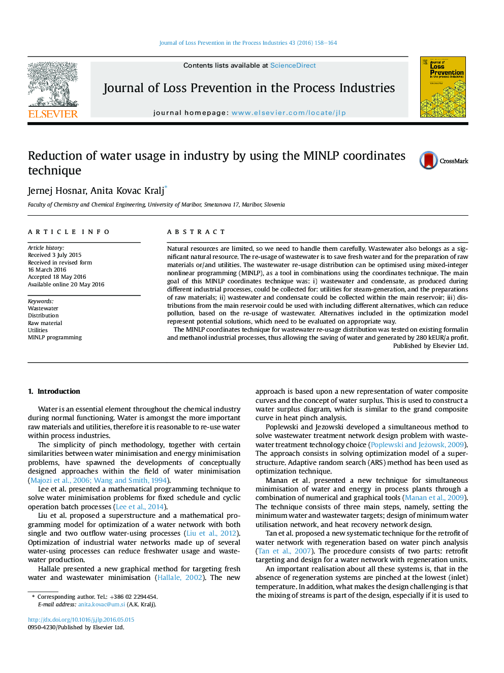 Reduction of water usage in industry by using the MINLP coordinates technique