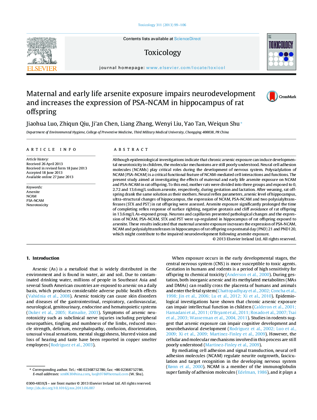 Maternal and early life arsenite exposure impairs neurodevelopment and increases the expression of PSA-NCAM in hippocampus of rat offspring