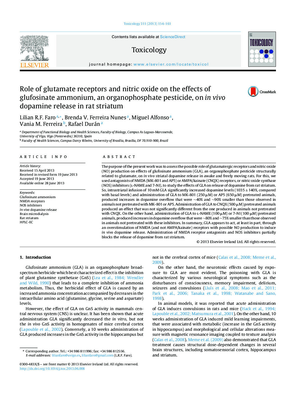 Role of glutamate receptors and nitric oxide on the effects of glufosinate ammonium, an organophosphate pesticide, on in vivo dopamine release in rat striatum