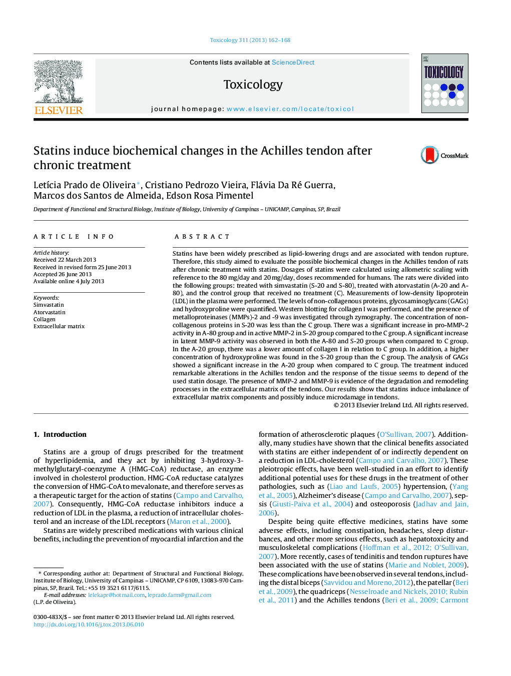 Statins induce biochemical changes in the Achilles tendon after chronic treatment