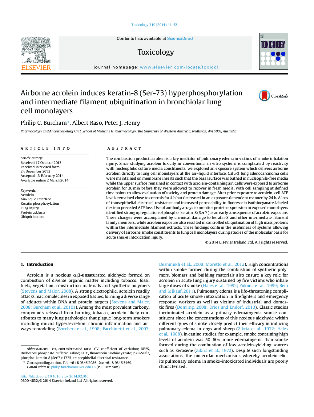 Airborne acrolein induces keratin-8 (Ser-73) hyperphosphorylation and intermediate filament ubiquitination in bronchiolar lung cell monolayers