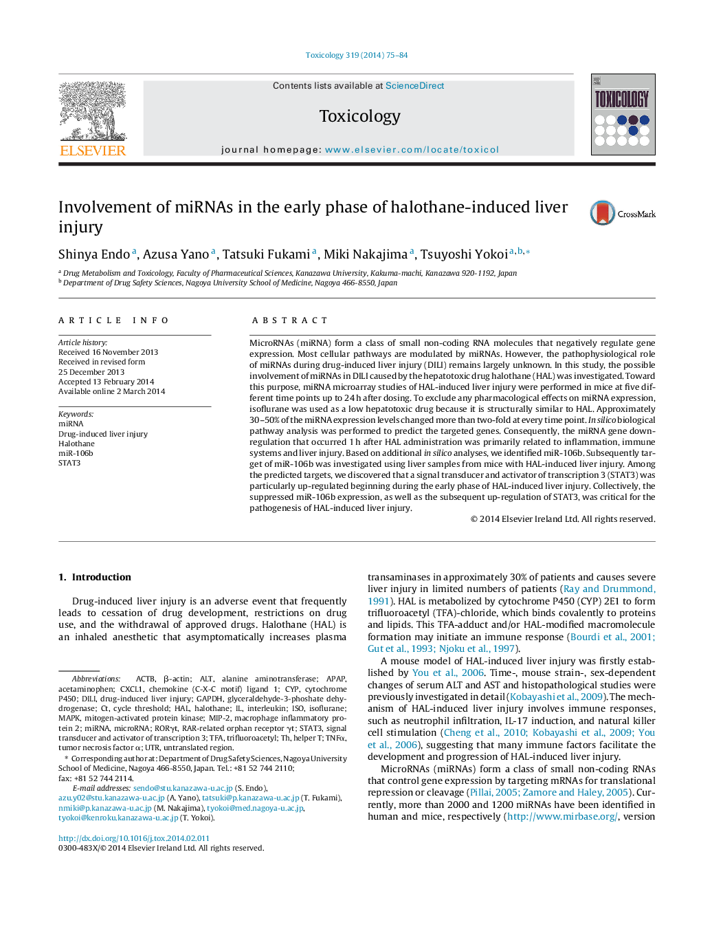 Involvement of miRNAs in the early phase of halothane-induced liver injury