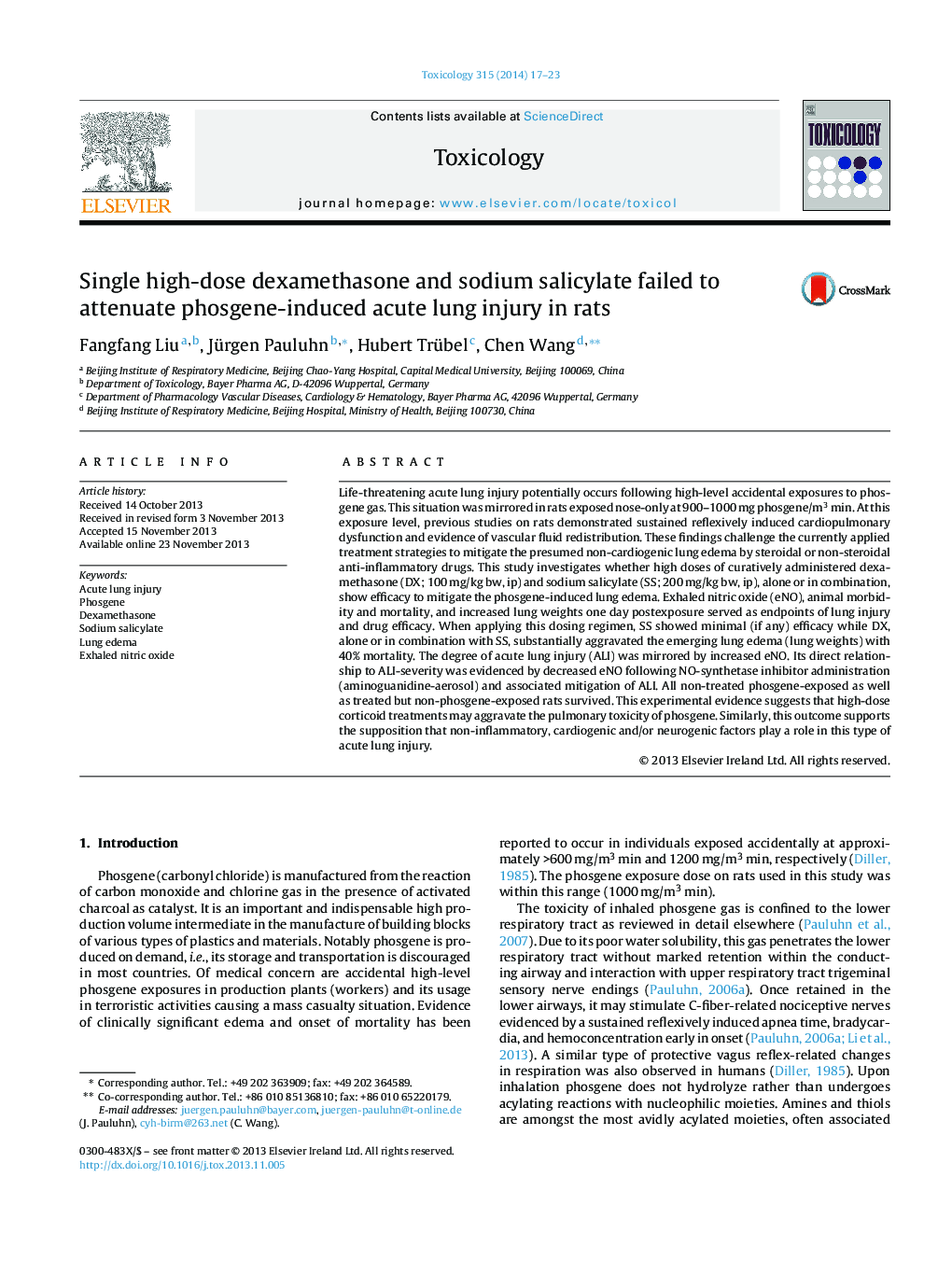 Single high-dose dexamethasone and sodium salicylate failed to attenuate phosgene-induced acute lung injury in rats