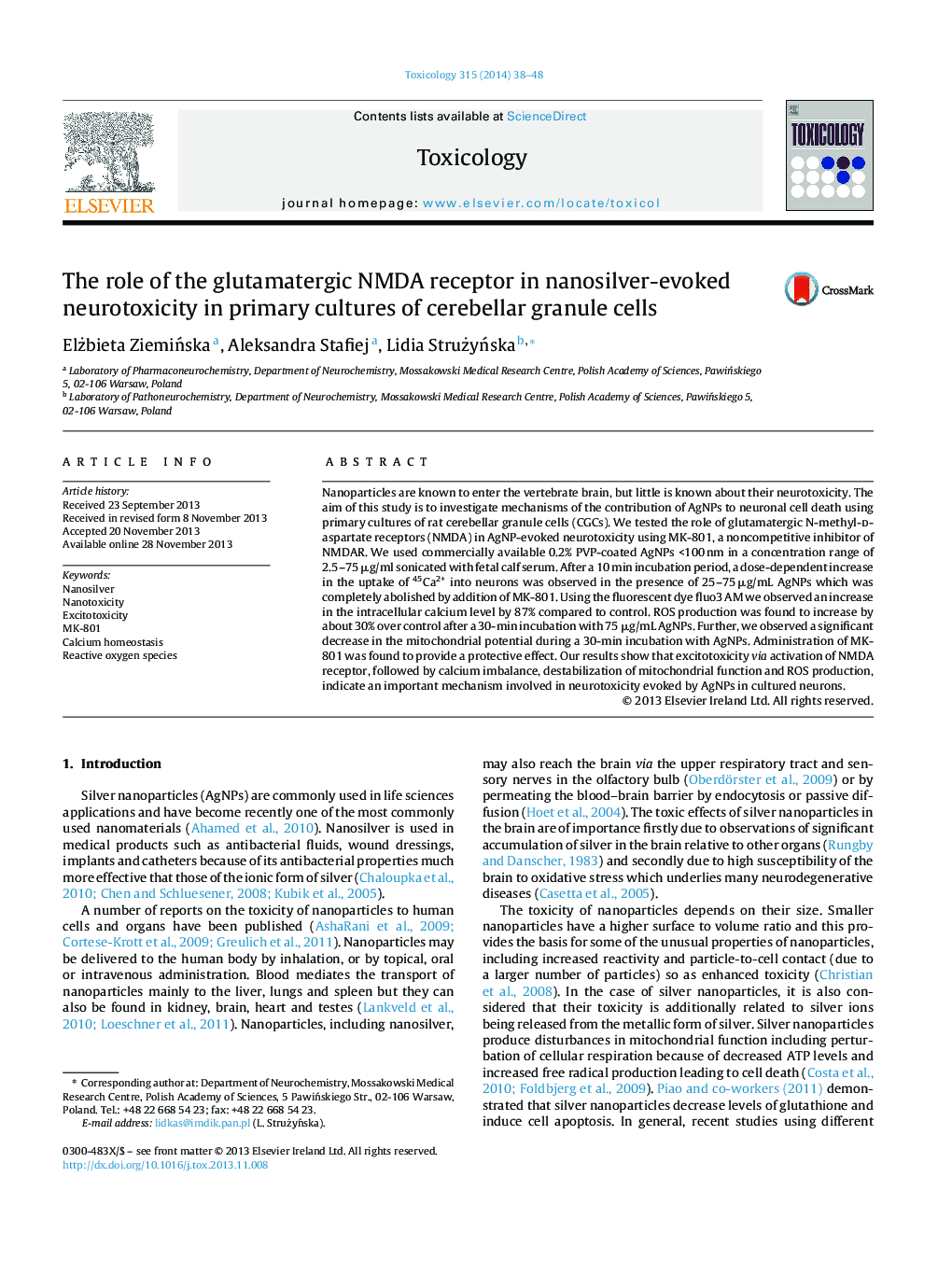 The role of the glutamatergic NMDA receptor in nanosilver-evoked neurotoxicity in primary cultures of cerebellar granule cells