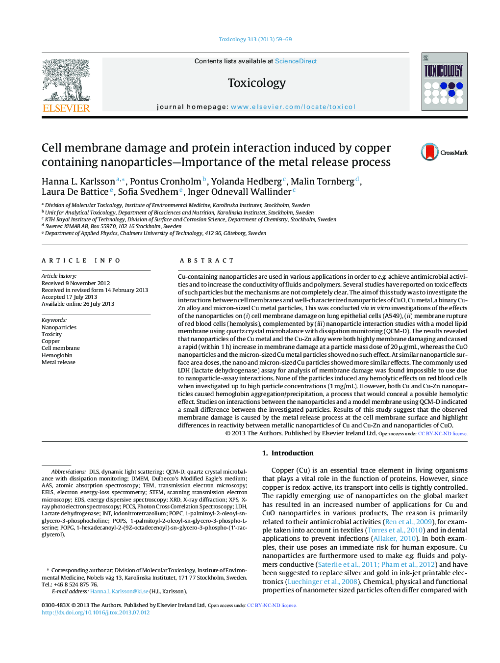 Cell membrane damage and protein interaction induced by copper containing nanoparticles-Importance of the metal release process