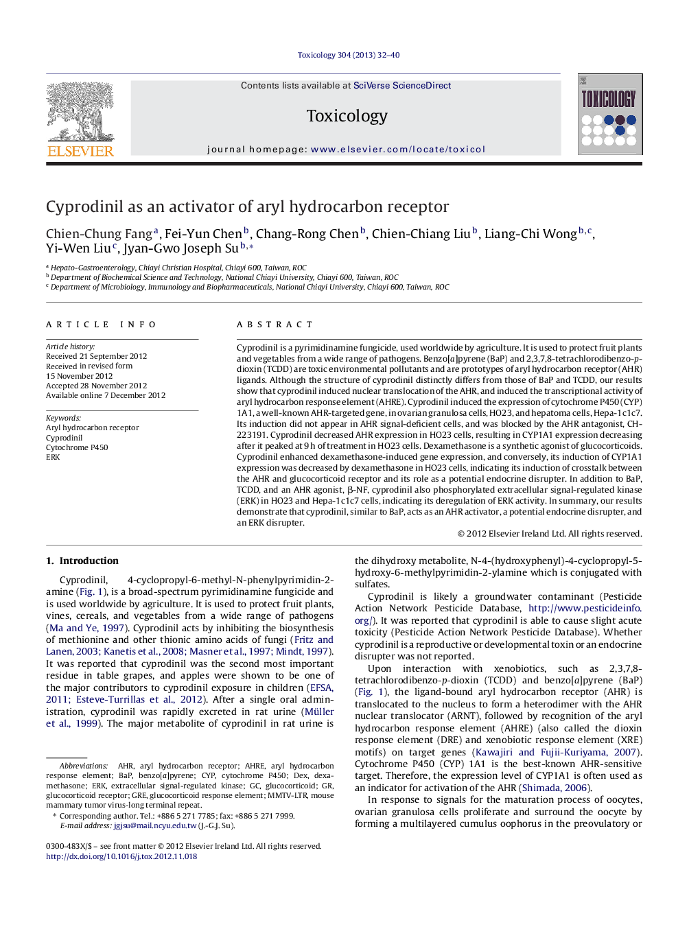 Cyprodinil as an activator of aryl hydrocarbon receptor