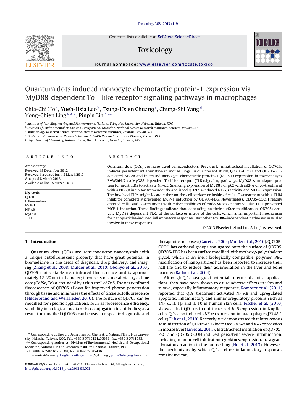 Quantum dots induced monocyte chemotactic protein-1 expression via MyD88-dependent Toll-like receptor signaling pathways in macrophages