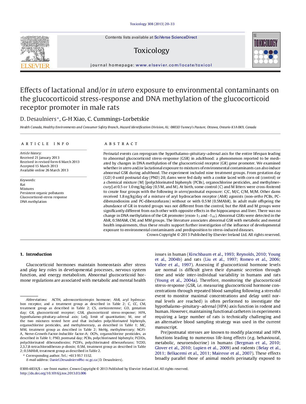 Effects of lactational and/or in utero exposure to environmental contaminants on the glucocorticoid stress-response and DNA methylation of the glucocorticoid receptor promoter in male rats