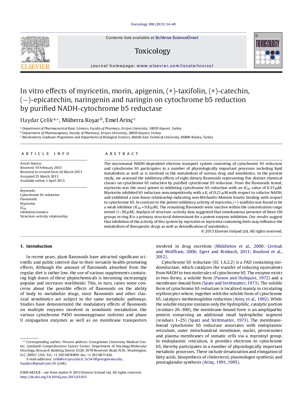 In vitro effects of myricetin, morin, apigenin, (+)-taxifolin, (+)-catechin, (â)-epicatechin, naringenin and naringin on cytochrome b5 reduction by purified NADH-cytochrome b5 reductase