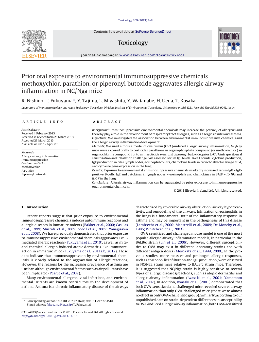 عکس صفحه اول مقاله: Prior oral exposure to environmental immunosuppressive chemicals methoxychlor, parathion, or piperonyl butoxide aggravates allergic airway inflammation in NC/Nga mice Prior oral exposure to environmental immunosuppressive chemicals methoxychlor, parathion, or piperonyl butoxide aggravates allergic airway inflammation in NC/Nga mice