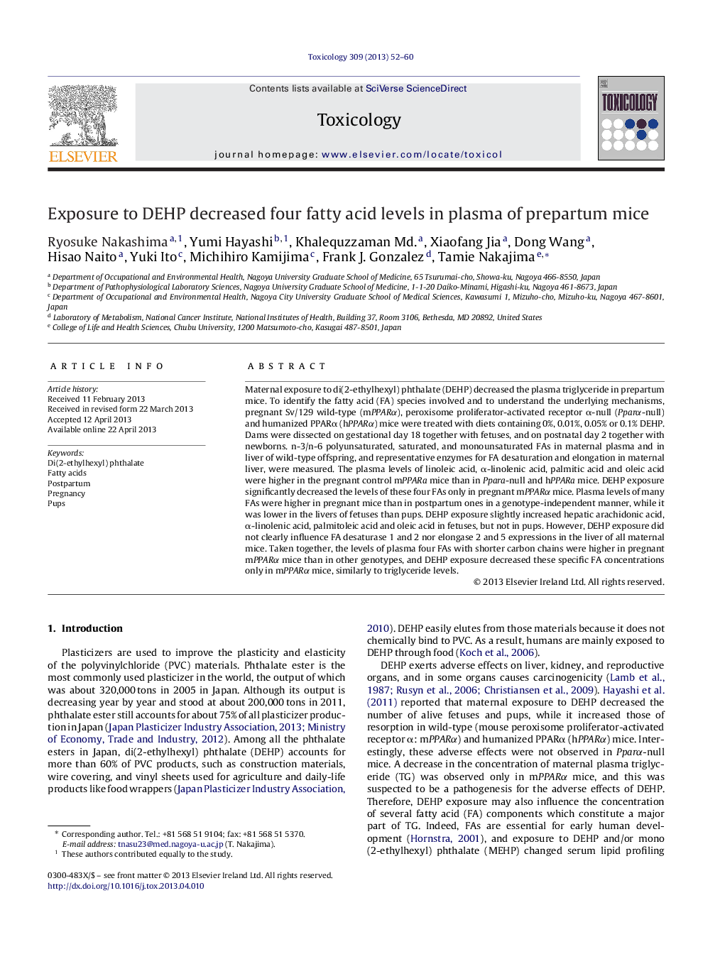 Exposure to DEHP decreased four fatty acid levels in plasma of prepartum mice