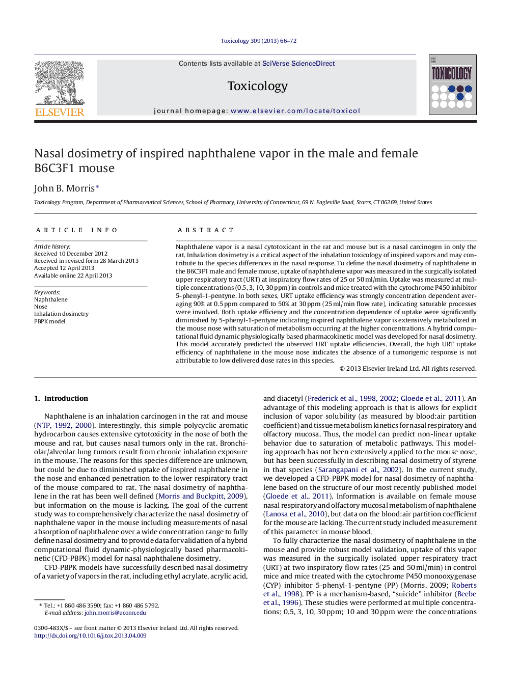 Nasal dosimetry of inspired naphthalene vapor in the male and female B6C3F1 mouse