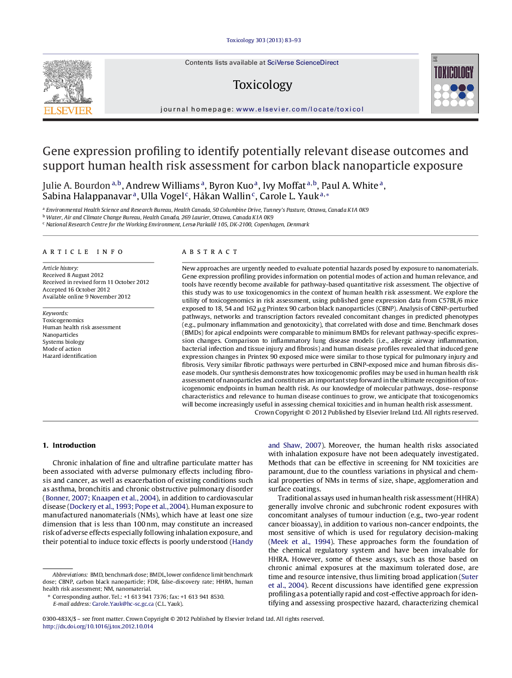 Gene expression profiling to identify potentially relevant disease outcomes and support human health risk assessment for carbon black nanoparticle exposure