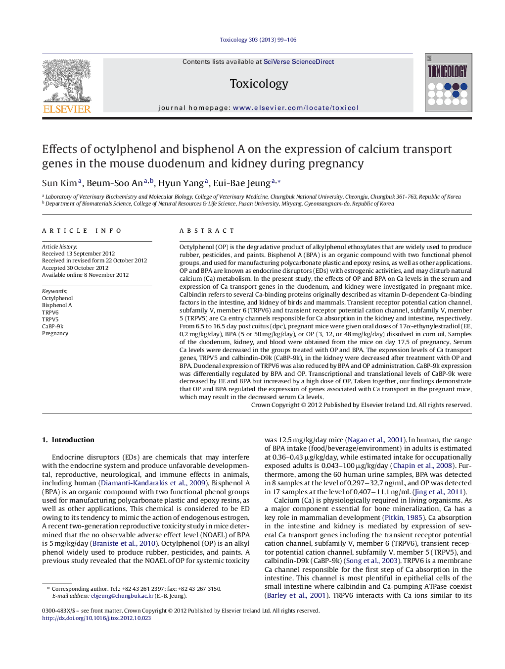 Effects of octylphenol and bisphenol A on the expression of calcium transport genes in the mouse duodenum and kidney during pregnancy