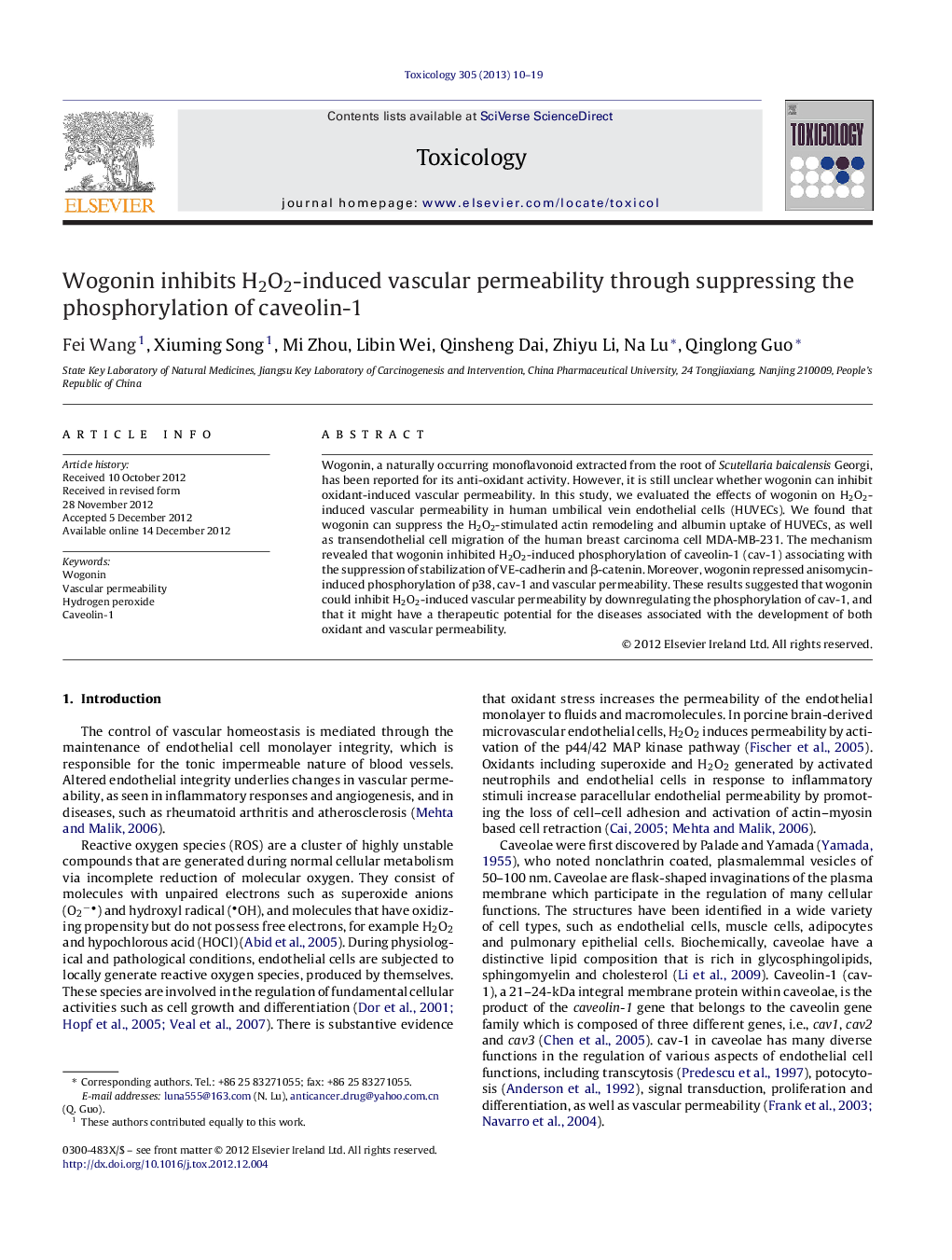 Wogonin inhibits H2O2-induced vascular permeability through suppressing the phosphorylation of caveolin-1