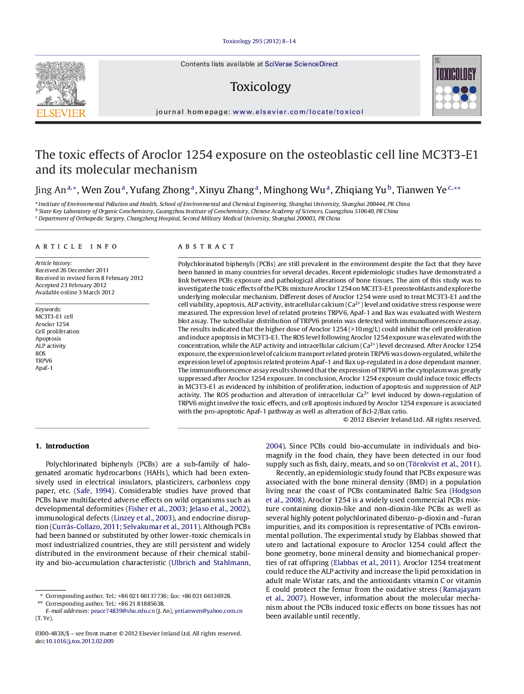 The toxic effects of Aroclor 1254 exposure on the osteoblastic cell line MC3T3-E1 and its molecular mechanism