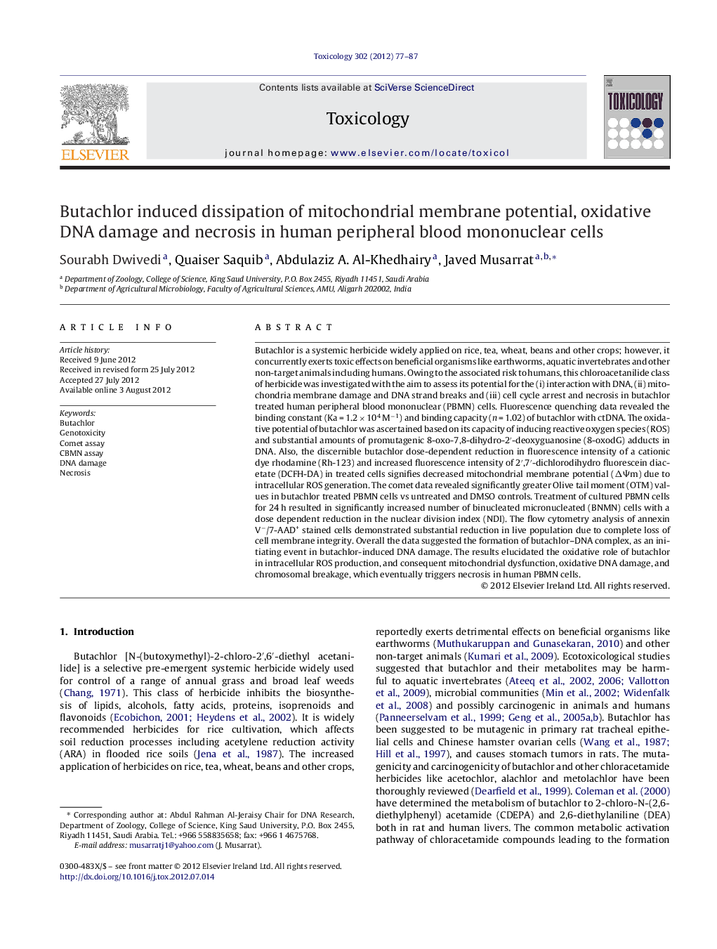 Butachlor induced dissipation of mitochondrial membrane potential, oxidative DNA damage and necrosis in human peripheral blood mononuclear cells