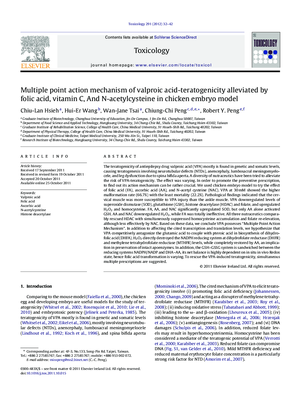 Multiple point action mechanism of valproic acid-teratogenicity alleviated by folic acid, vitamin C, And N-acetylcysteine in chicken embryo model