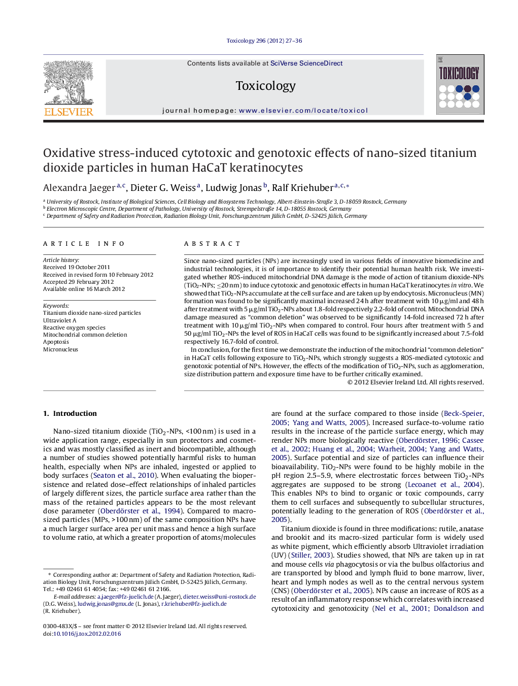 Oxidative stress-induced cytotoxic and genotoxic effects of nano-sized titanium dioxide particles in human HaCaT keratinocytes