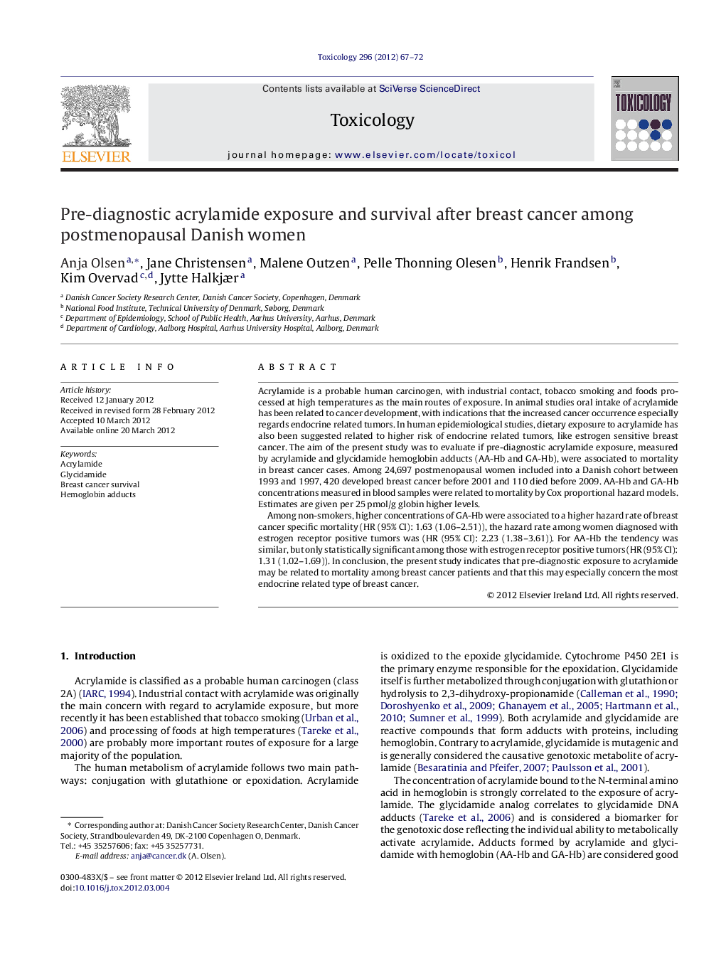 Pre-diagnostic acrylamide exposure and survival after breast cancer among postmenopausal Danish women