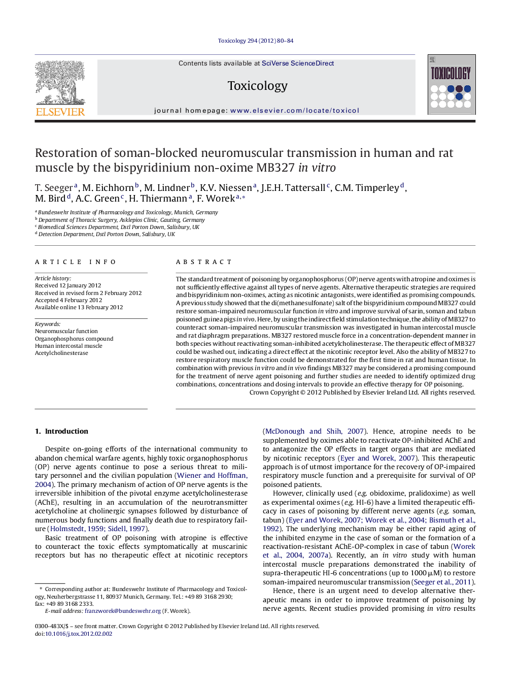 Restoration of soman-blocked neuromuscular transmission in human and rat muscle by the bispyridinium non-oxime MB327 in vitro