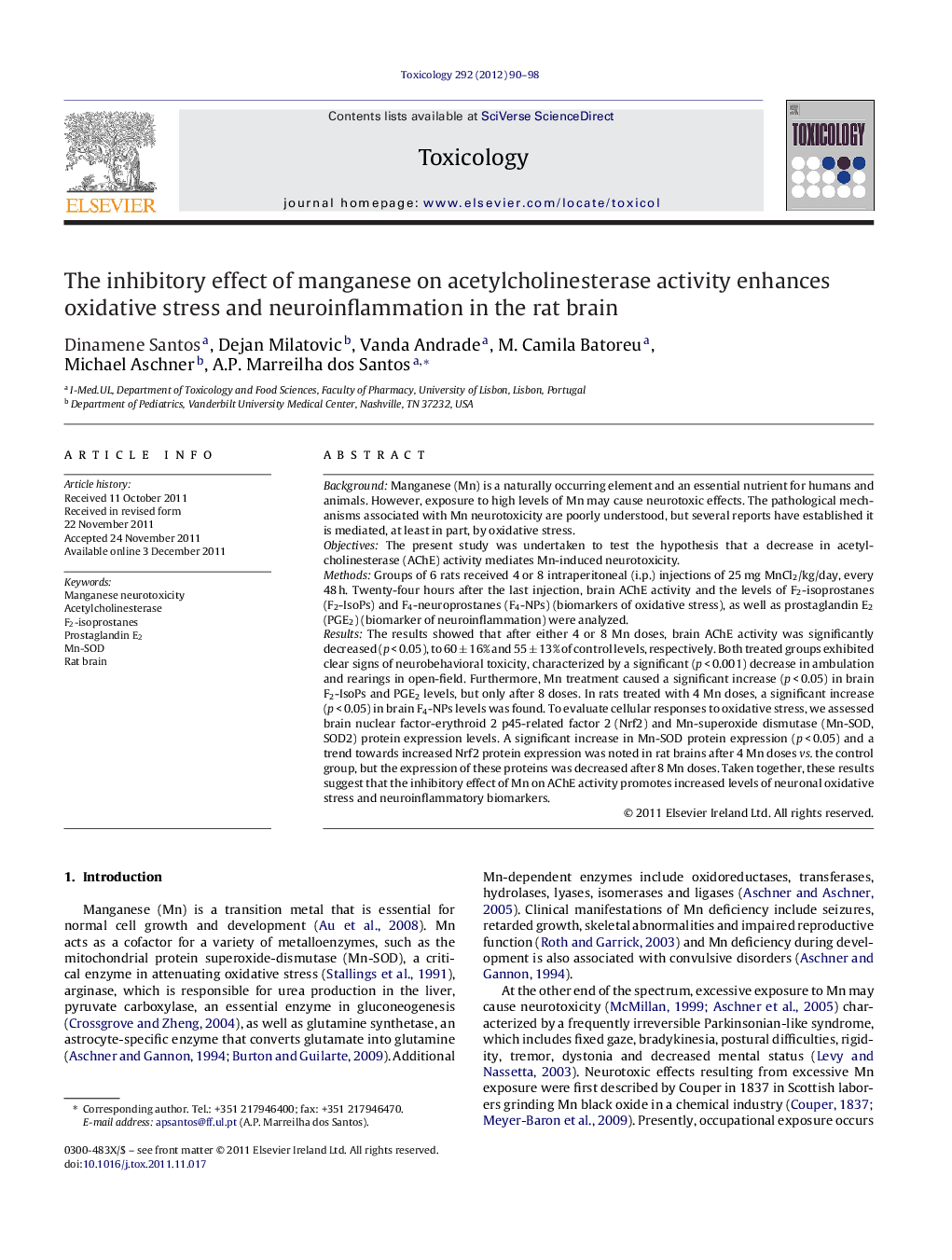 The inhibitory effect of manganese on acetylcholinesterase activity enhances oxidative stress and neuroinflammation in the rat brain