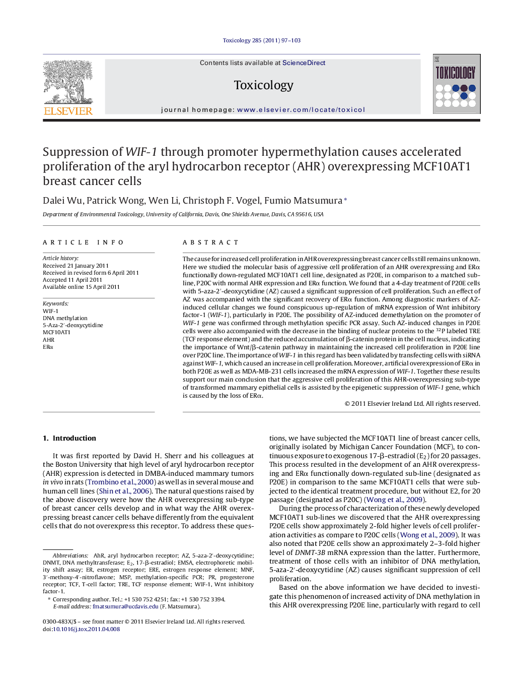 Suppression of WIF-1 through promoter hypermethylation causes accelerated proliferation of the aryl hydrocarbon receptor (AHR) overexpressing MCF10AT1 breast cancer cells