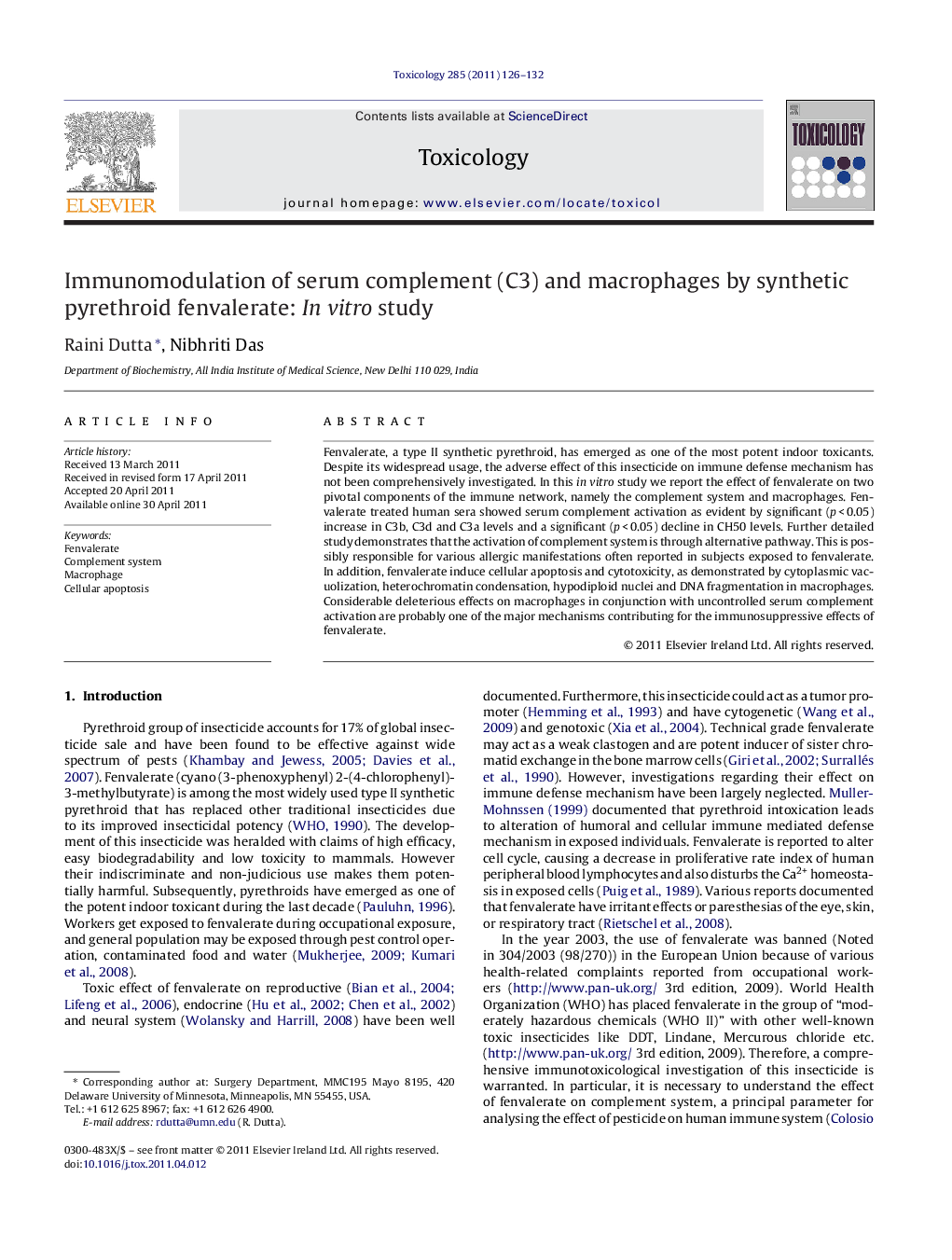 Immunomodulation of serum complement (C3) and macrophages by synthetic pyrethroid fenvalerate: In vitro study