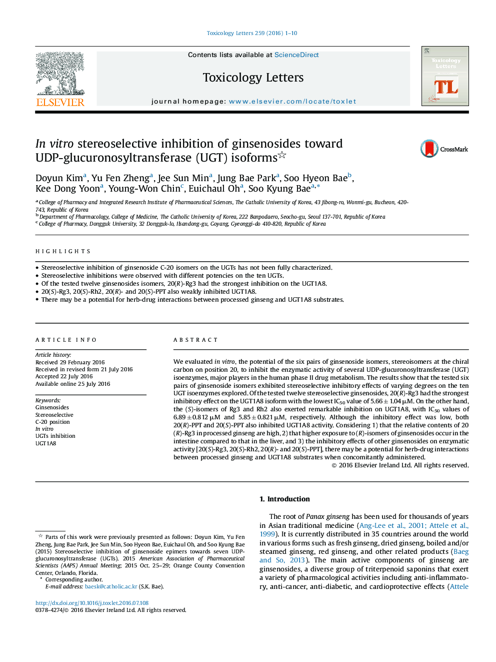 In vitro stereoselective inhibition of ginsenosides toward UDP-glucuronosyltransferase (UGT) isoforms