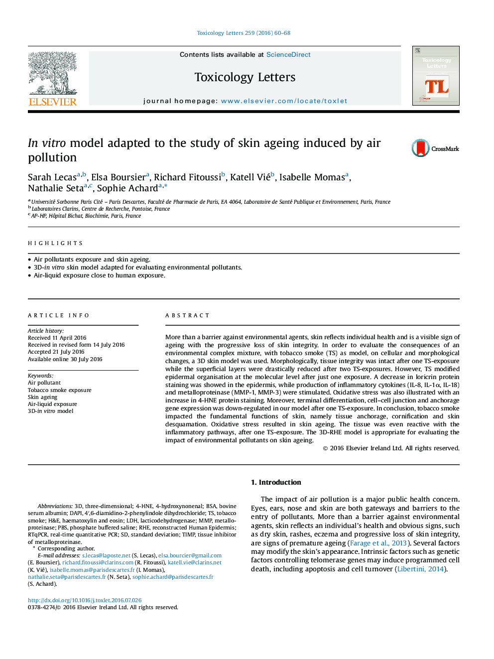 In vitro model adapted to the study of skin ageing induced by air pollution