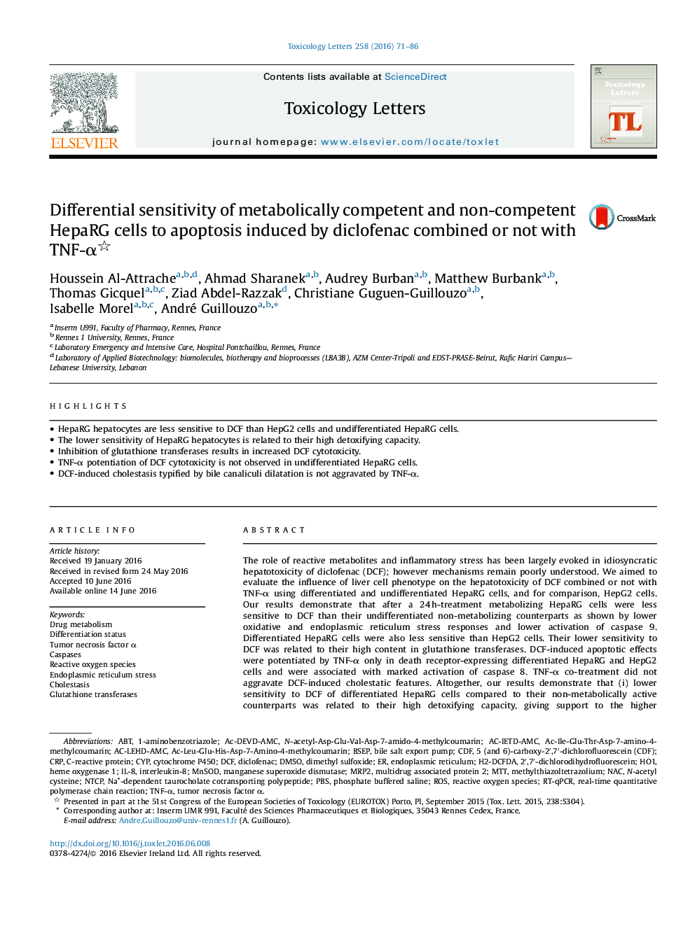 Differential sensitivity of metabolically competent and non-competent HepaRG cells to apoptosis induced by diclofenac combined or not with TNF-Î±