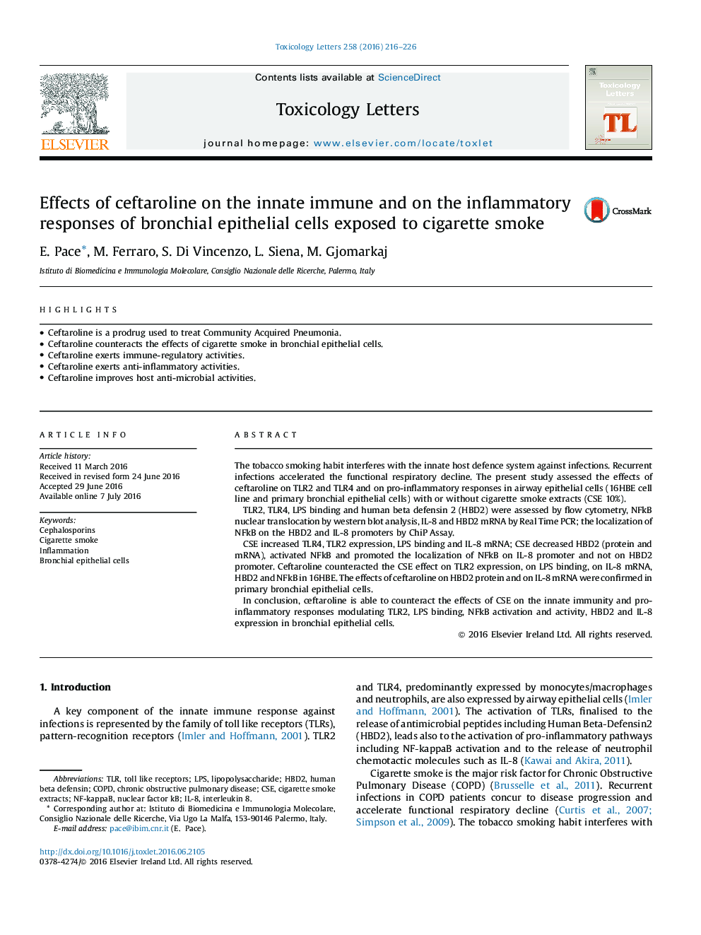 Effects of ceftaroline on the innate immune and on the inflammatory responses of bronchial epithelial cells exposed to cigarette smoke