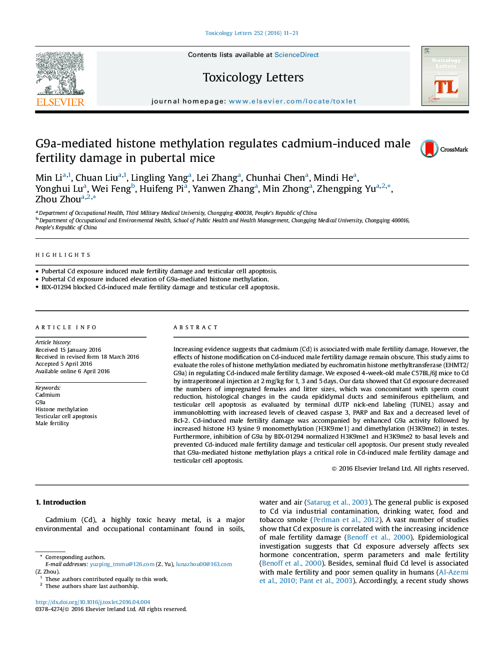 G9a-mediated histone methylation regulates cadmium-induced male fertility damage in pubertal mice