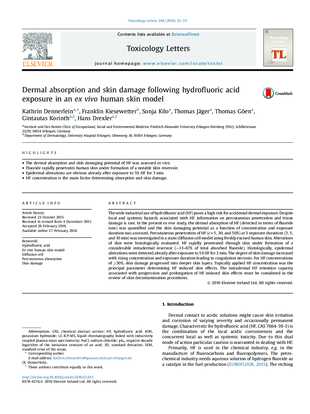 Dermal absorption and skin damage following hydrofluoric acid exposure in an ex vivo human skin model