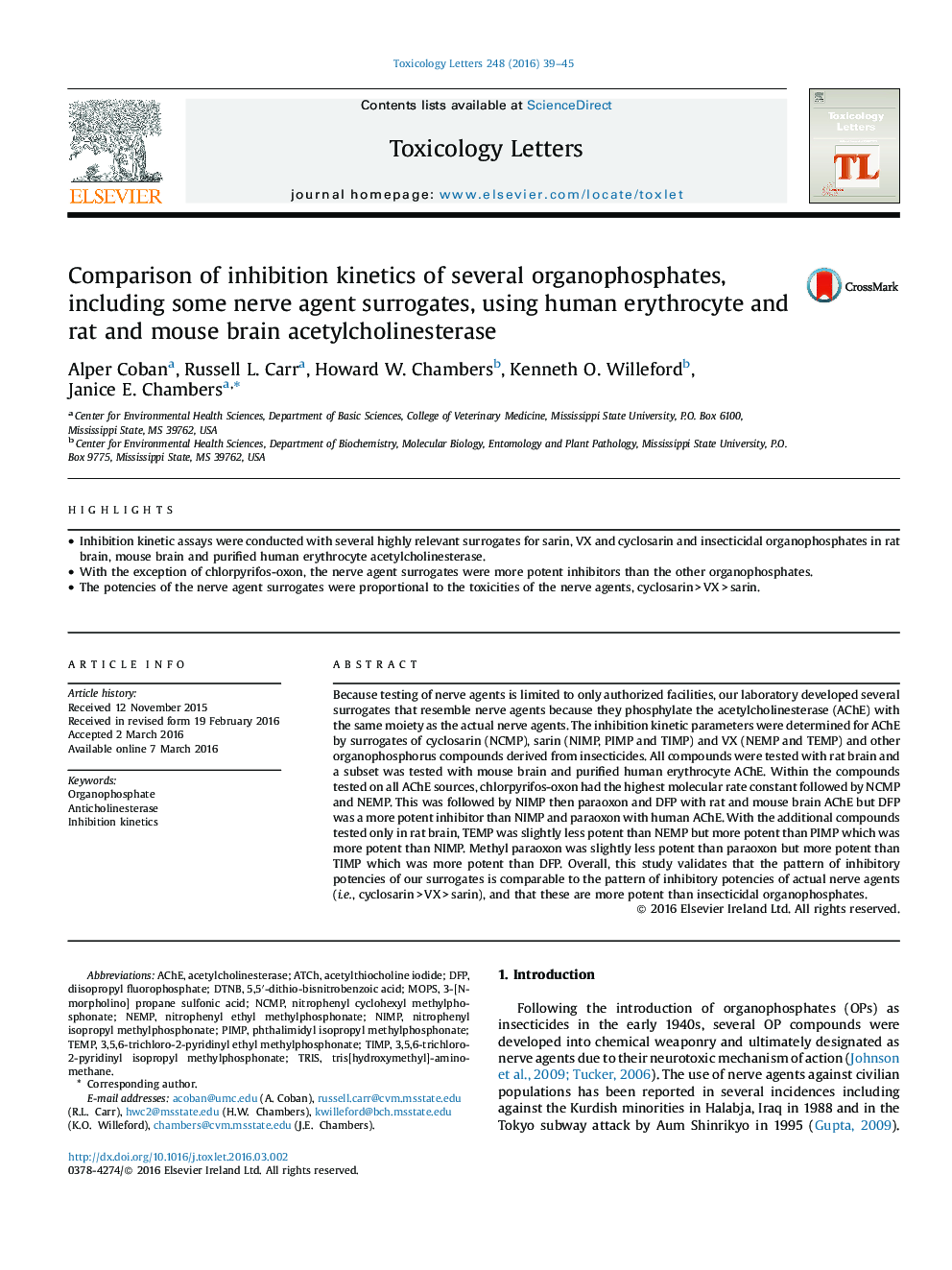 Comparison of inhibition kinetics of several organophosphates, including some nerve agent surrogates, using human erythrocyte and rat and mouse brain acetylcholinesterase