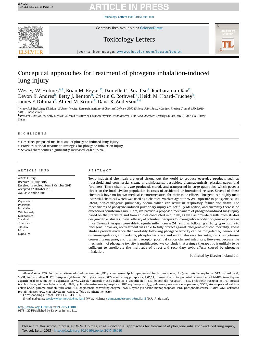 Conceptual approaches for treatment of phosgene inhalation-induced lung injury