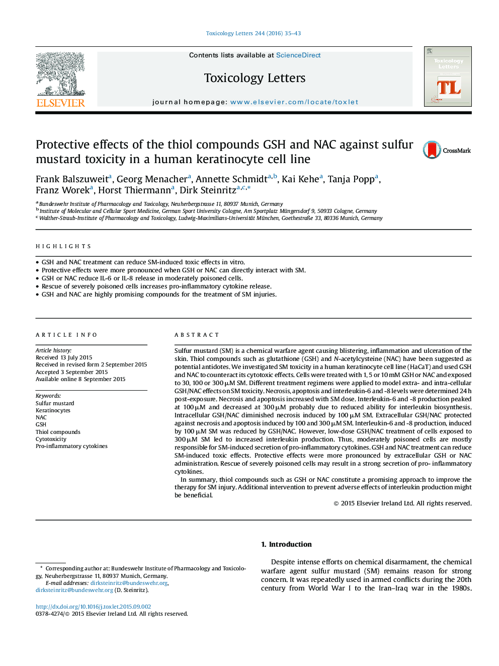 Protective effects of the thiol compounds GSH and NAC against sulfur mustard toxicity in a human keratinocyte cell line