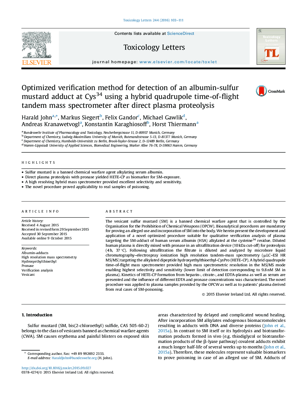 Optimized verification method for detection of an albumin-sulfur mustard adduct at Cys34 using a hybrid quadrupole time-of-flight tandem mass spectrometer after direct plasma proteolysis