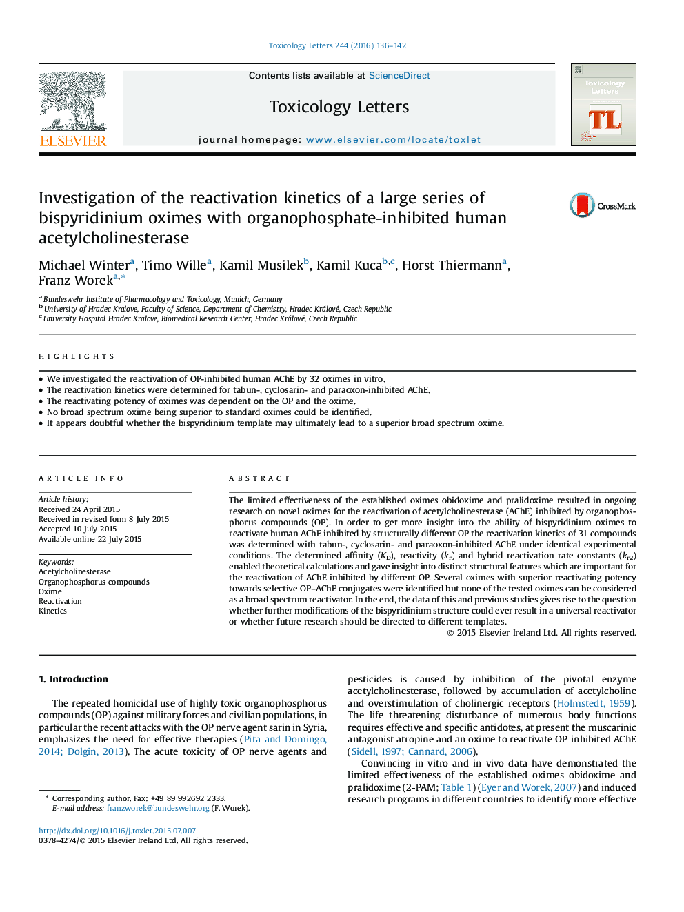 Investigation of the reactivation kinetics of a large series of bispyridinium oximes with organophosphate-inhibited human acetylcholinesterase