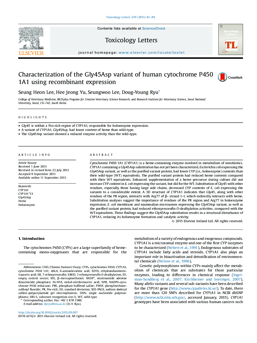 Characterization of the Gly45Asp variant of human cytochrome P450 1A1 using recombinant expression