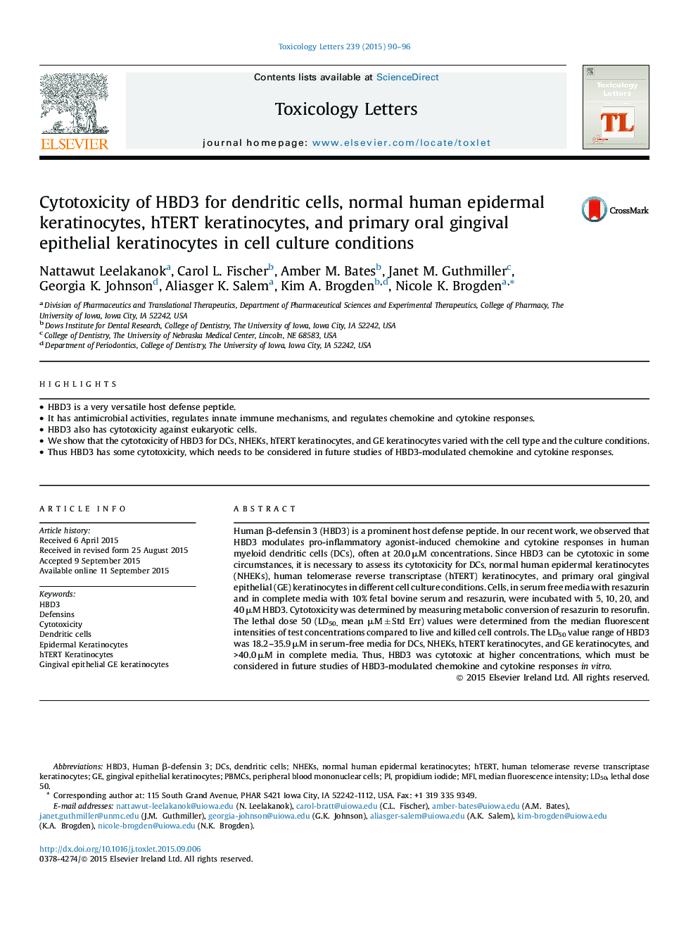 Cytotoxicity of HBD3 for dendritic cells, normal human epidermal keratinocytes, hTERT keratinocytes, and primary oral gingival epithelial keratinocytes in cell culture conditions