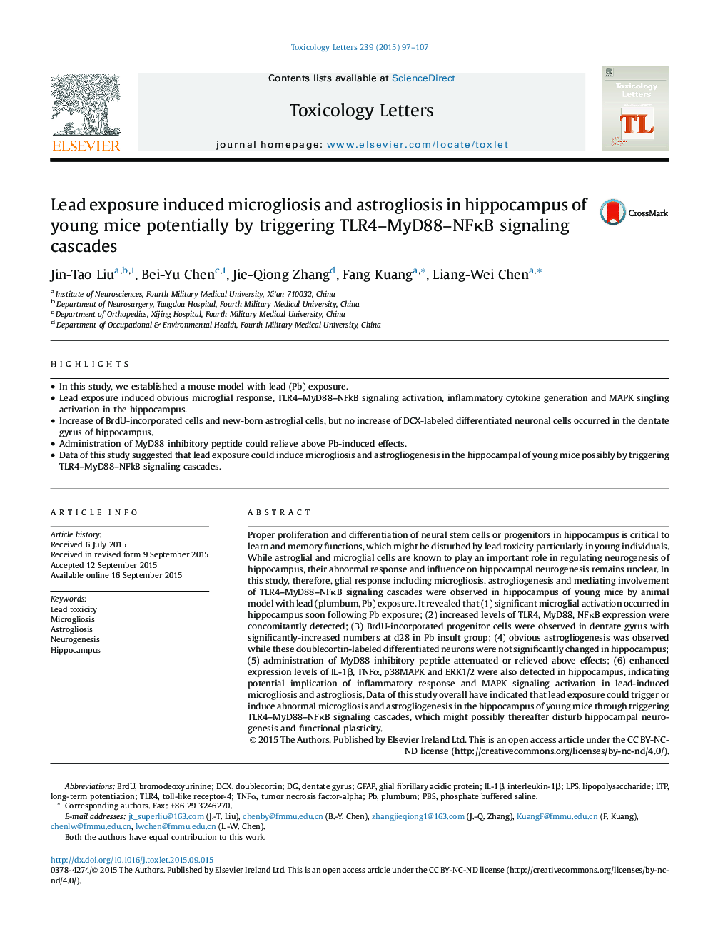 Lead exposure induced microgliosis and astrogliosis in hippocampus of young mice potentially by triggering TLR4-MyD88-NFÎºB signaling cascades