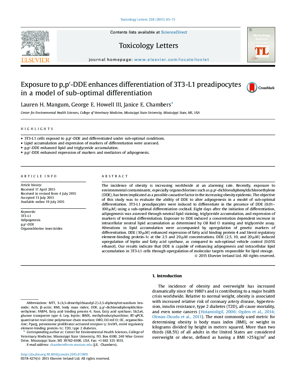 Exposure to p,pâ²-DDE enhances differentiation of 3T3-L1 preadipocytes in a model of sub-optimal differentiation