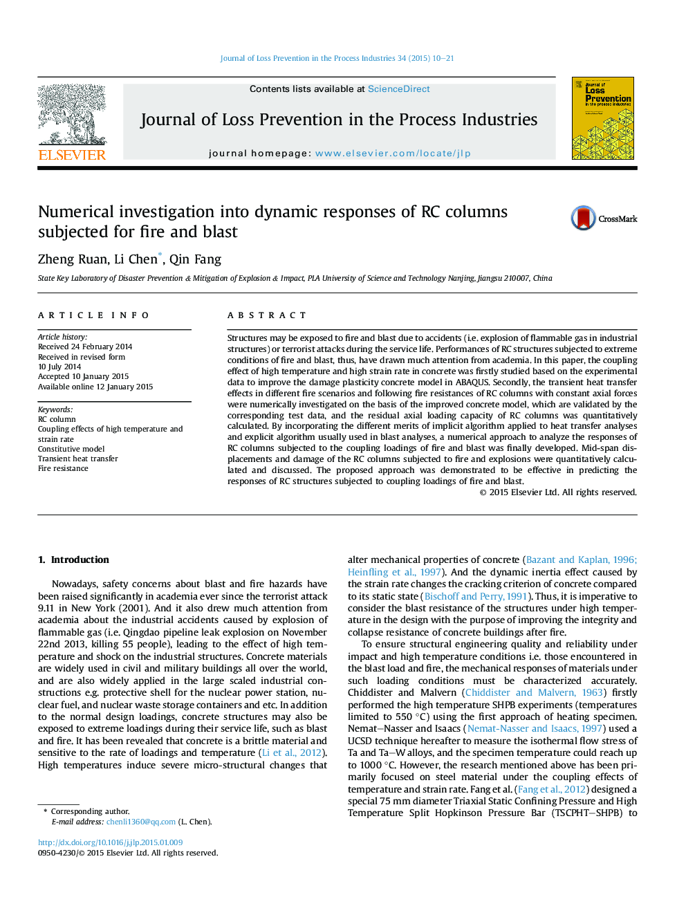 Numerical investigation into dynamic responses of RC columns subjected for fire and blast