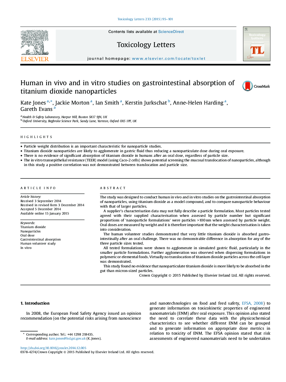 Human in vivo and in vitro studies on gastrointestinal absorption of titanium dioxide nanoparticles