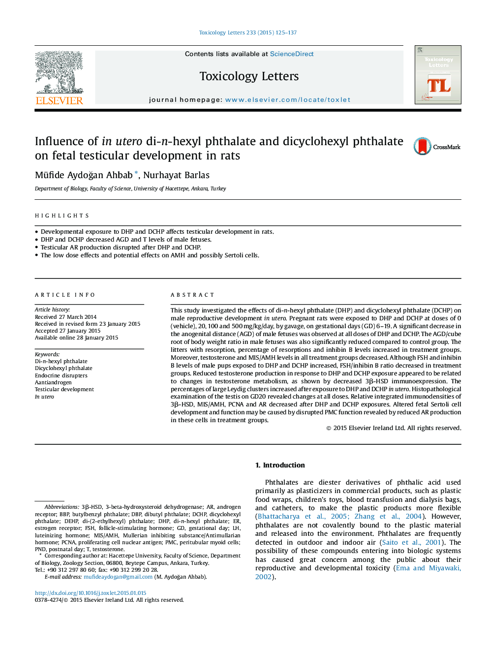 Influence of in utero di-n-hexyl phthalate and dicyclohexyl phthalate on fetal testicular development in rats