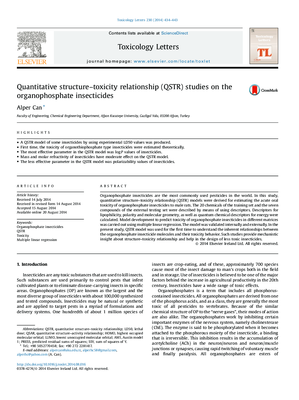 Quantitative structure-toxicity relationship (QSTR) studies on the organophosphate insecticides