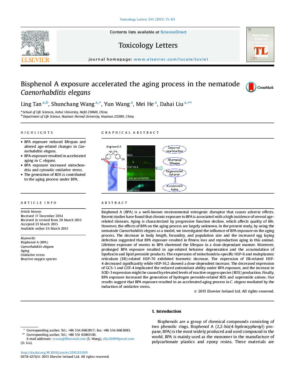 Bisphenol A exposure accelerated the aging process in the nematode Caenorhabditis elegans
